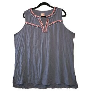 STAR STYLE Blue Tank Blouse Womens 1X 18/20 NWT Boho Flowy Top Embroidered Gauzy